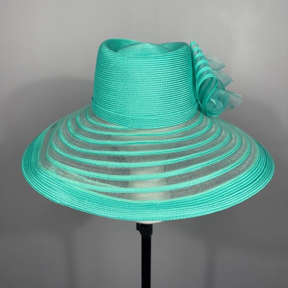 Turquoise KENTUCKY DERBY or CHURCH SERVICE HAT. BOW AND RHINESTONES.
